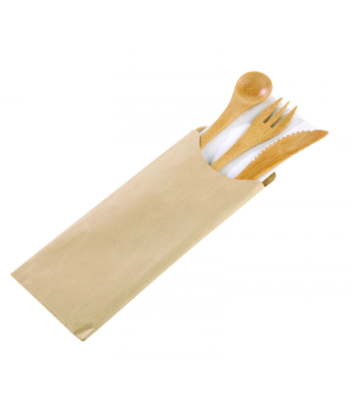 Kit couverts bambou 4/1 "Bambi", emballage kraft   H160mm - 250Pcs
