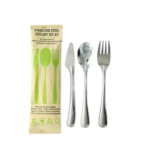 Kit couverts Noxcut en inox 4/1: couteau fourchette cuillère à soupe et serviette, emballage papier 210x60mm H15mm - 250Pcs