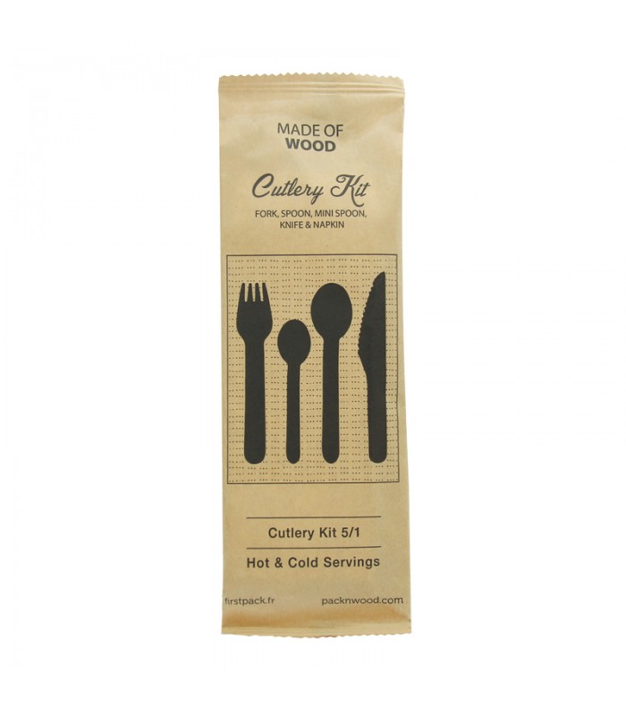 Kit couverts bois 5 / 1: couteau fourchette petite&grande cuillère serviette, emballage kraft   H165mm - 250Pcs