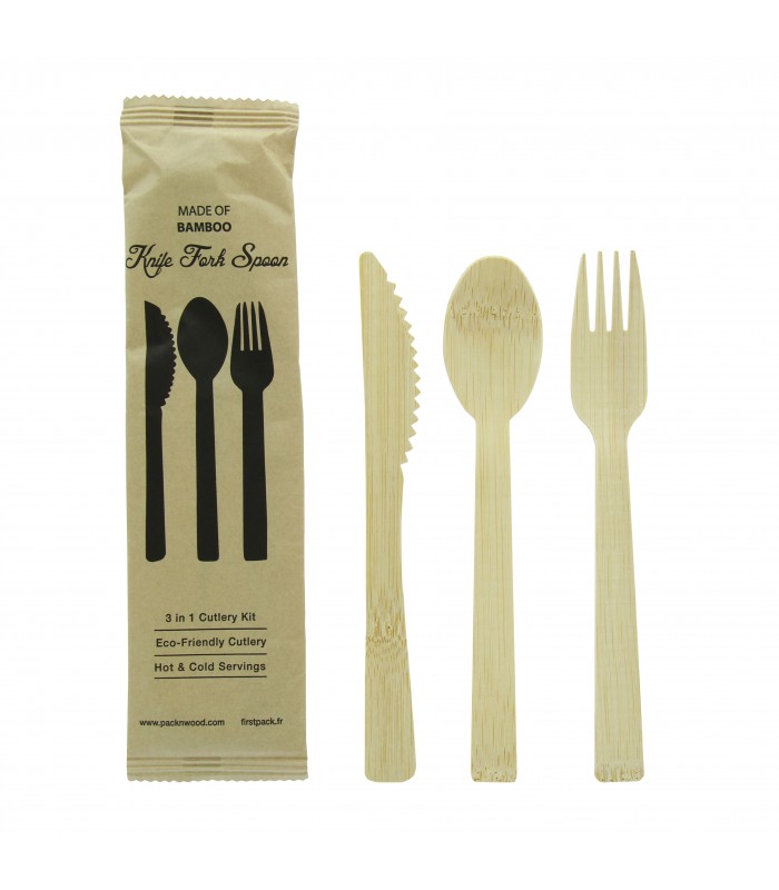 Kit couverts bambou "Anji" 3/1: couteau fourchette cuillère, emballage kraft  H170mm - 100Pcs