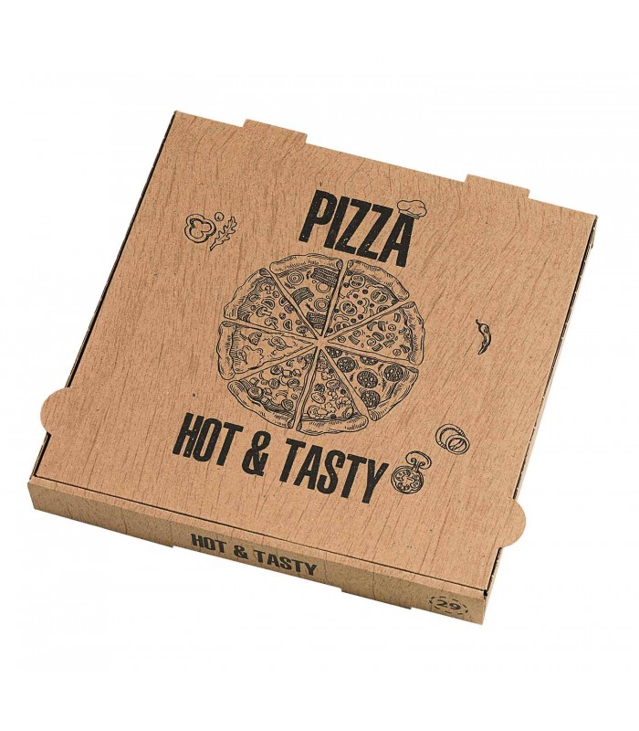 Boite à pizza carton brun, décor "Hot and Tasty"  260x260mm H40mm - 100Pcs