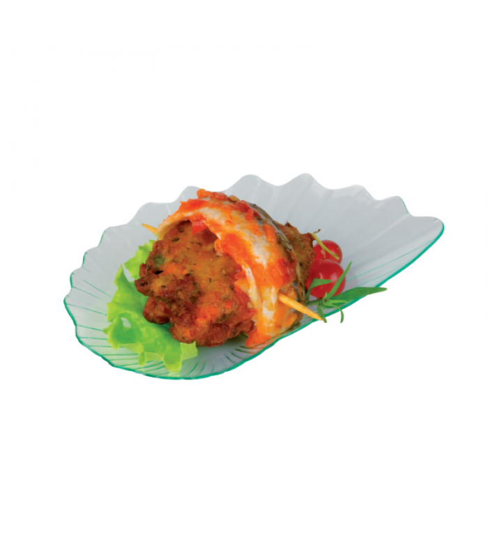 Mini assiette plastique PS verte transparente forme feuille ?Titos?  105x70mm - 1152Pcs