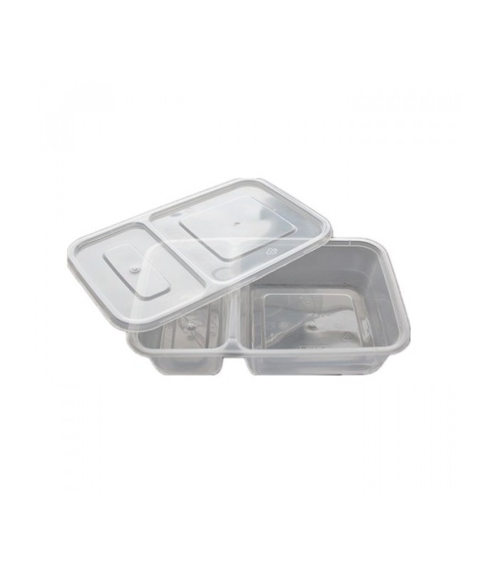 Barquette plastique PP rectangulaire 2 compartiments micro-ondable avec couvercle charnière 310x235mm H48mm 1000ml - 150Pcs