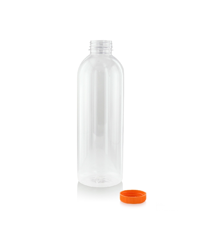 Bouteille transparente en plastique RPET avec bouchon attaché orange   H240mm 1000ml - 74Pcs