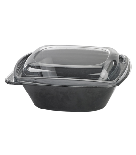 Saladier PET carré noir avec couvercle  190x190mm H65mm 1000ml - 100Pcs