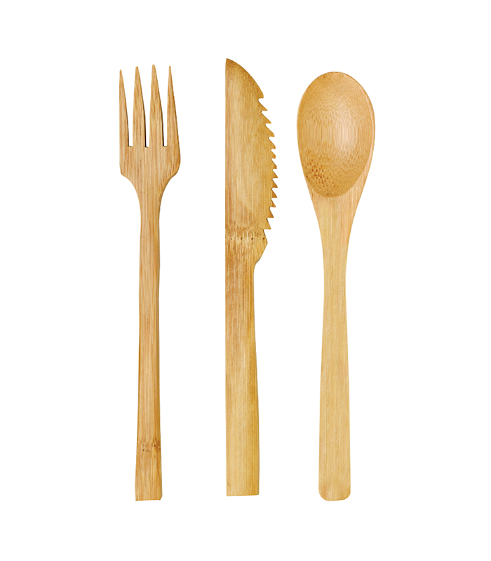 Kit couverts bambou 3/1: couteau fourchette petite cuillère, emballage transparent  H160mm -50Pcs