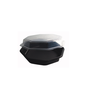 Saladier plastique octogonal noir avec couvercle charnière transparent "Octaview" 160x160mm H60mm 400ml -405Pcs