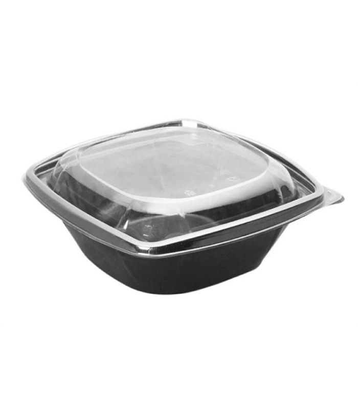 Saladier PET carré noir avec couvercle  190x190mm H75mm 1000ml -25Pcs