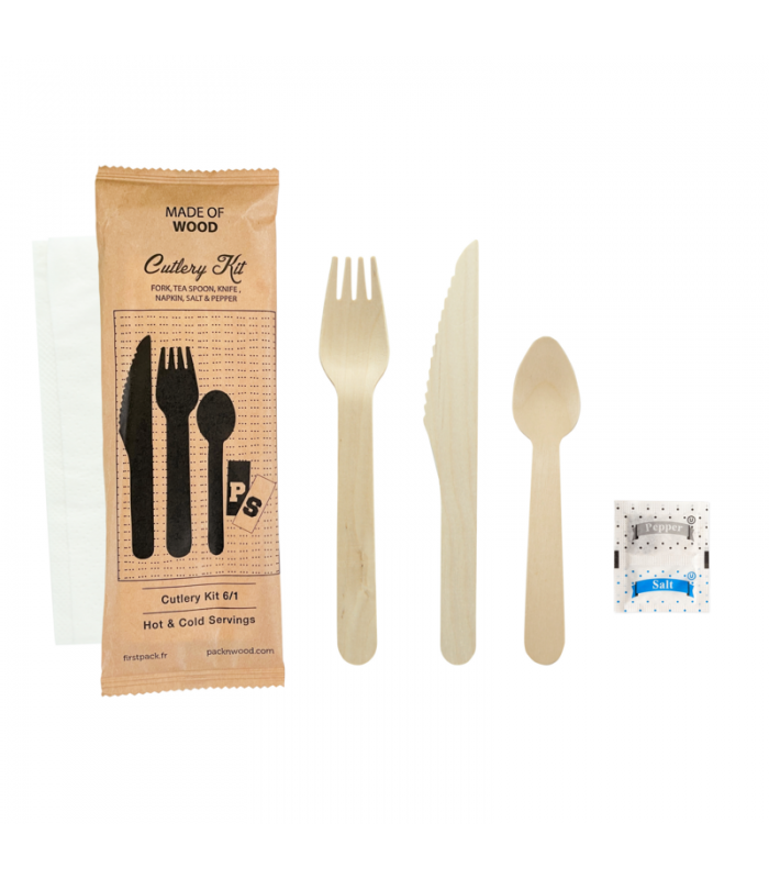 Kit couv bois 6 / 1: cout, four, cuil café, serv, sel, poivre, emb kraft   H165mm -50Pcs