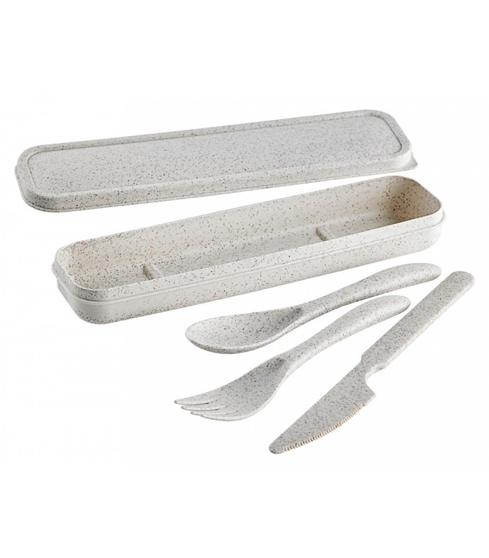 Boite kit couverts réemployable composite beige : couteau cuillère fourchette 210x55mm H250mm -48Pcs