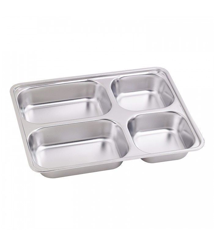 Plateau repas NoxTray en inox 4 compartiments avec couvercle en plastique PP  280x220mm H40mm -10Pcs