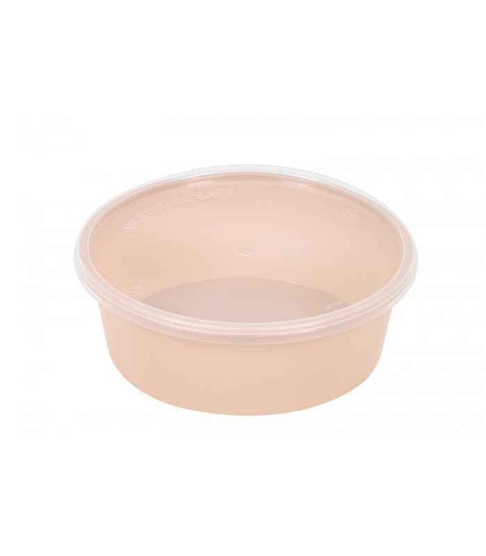 Bol Reemp beige en plastique PP avec couvercle transparent   H32mm 300ml -50Pcs